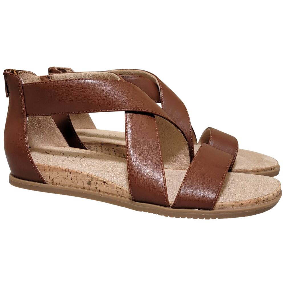 SOUL Naturalizer Cindi Cork Wedge Cross Strap Sandals Size US 8W Toffee Brown